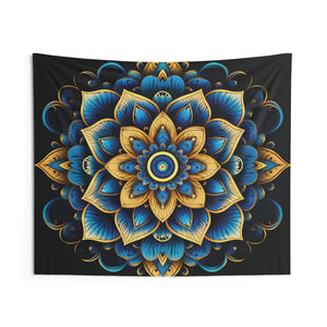 Tapiz de mandala colgante de pared floral boho azul y dorado #4