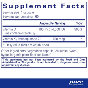 Pure Encapsulations, Vitamin D3 & K2 — Supplement facts panel