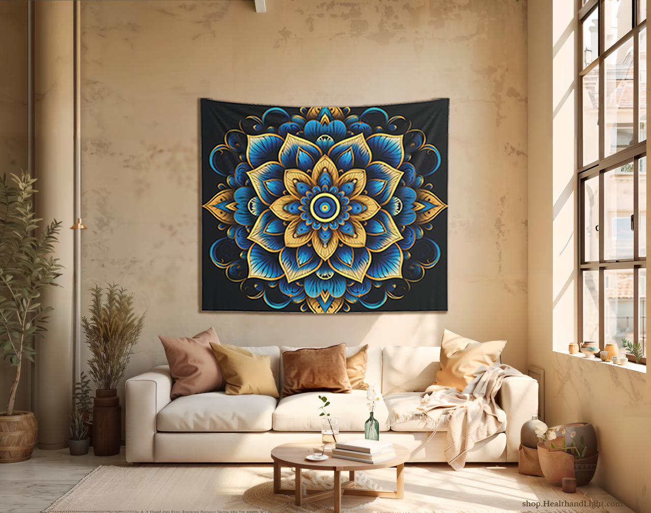 Blue & Gold Boho Floral Wall Hanging Mandala Tapestry #4