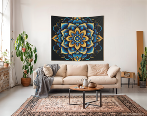 Blue & Gold Boho Floral Wall Hanging Mandala Tapestry #4