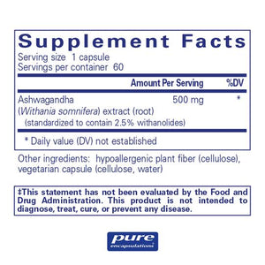Pure Encapsulations, Ashwagandha — Supplement facts panel