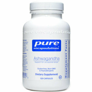 A bottle of Pure Encapsulations Ashwagandha dietary supplement containing 500 mg of ashwagandha root extract with 120 capsules inside.