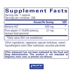 Pure Encapsulations, Betaine HCl Pepsin — Supplement facts panel