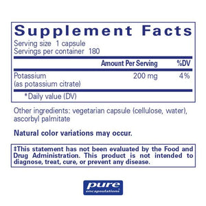 Pure Encapsulations, Potassium (Citrate) — Supplement facts panel