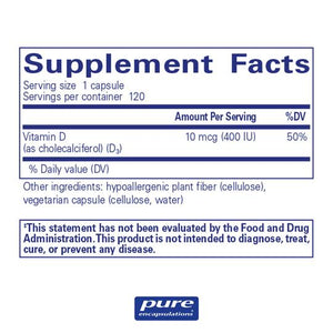 Pure Encapsulations, Vitamin D3 1000 IU — Supplement facts panel