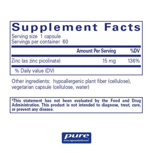 Pure Encapsulations, Zinc 15 — Supplement facts panel