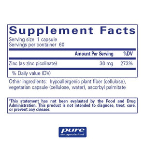 Pure Encapsulations, Zinc 30 — Supplement facts panel