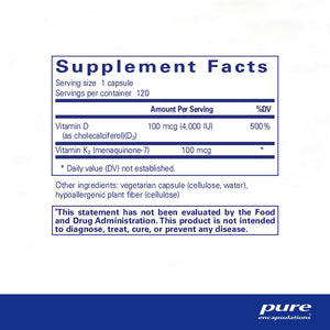 Pure Encapsulations, Vitamin D3 & K2 — Supplement facts panel