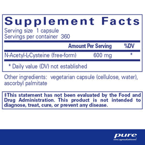 Pure Encapsulations, NAC (n-acetyl-l-cysteine) 600 mg — Supplement facts panel