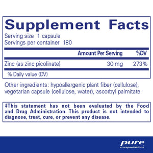 Pure Encapsulations, Zinc 30 180 — Supplement facts panel