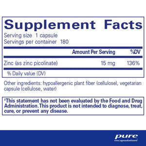 Pure Encapsulations, Zinc 15 — Supplement facts panel