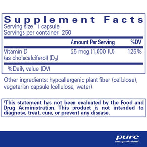 Pure Encapsulations, Vitamin D3 25 mcg (1,000 IU) — Supplement facts panel