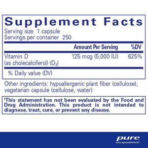 Pure Encapsulations, Vitamin D3 125 mcg (5,000 IU) 250 — Supplement facts panel