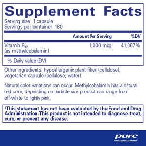 Pure Encapsulations, Methylcobalamin 1,000 mcg — Supplement facts panel