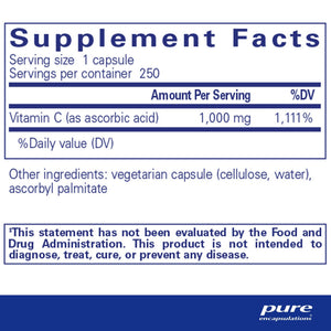 Pure Encapsulations, Ascorbic Acid Capsules 250 — Supplement facts panel