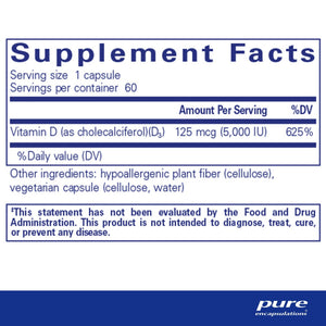 Pure Encapsulations, Vitamin D3 125 mcg (5,000 IU) 60 — Supplement facts panel