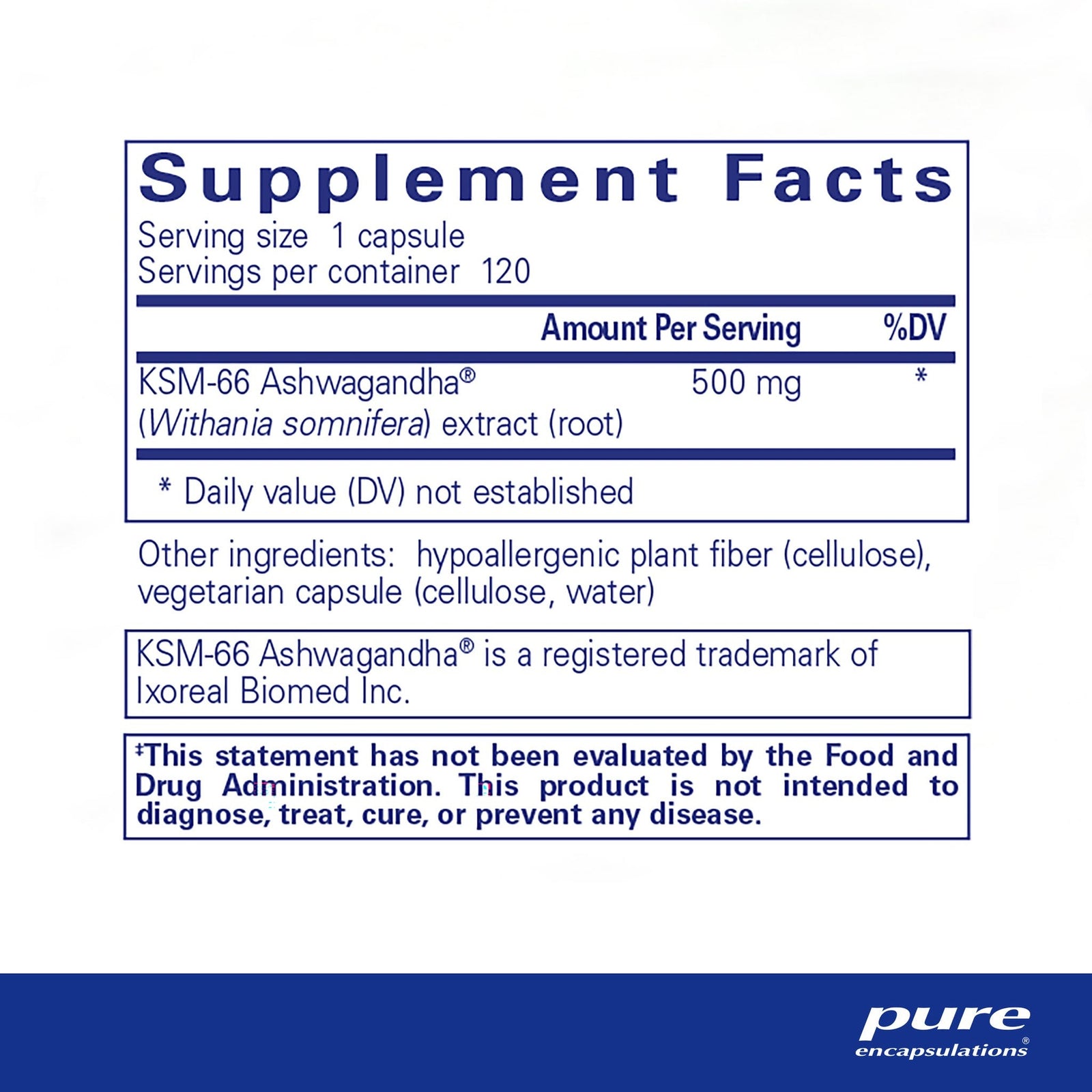 Pure Encapsulations, Ashwagandha — Supplement facts panel