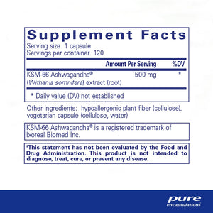 Pure Encapsulations, Ashwagandha 120 — Supplement facts panel