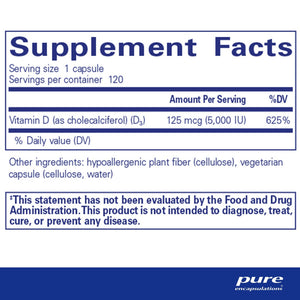 Pure Encapsulations, Vitamin D3 125 mcg (5,000 IU) 120 — Supplement facts panel