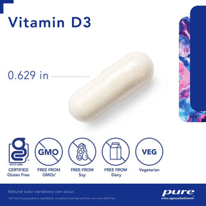 Pure Encapsulations, Vitamin D3 125 mcg (5,000 IU) — Capsule size and certifications