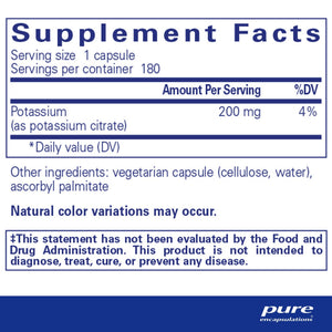 Pure Encapsulations, Potassium (citrate) — Supplement facts panel