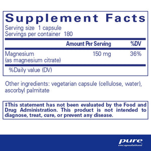 Pure Encapsulations, Magnesium (citrate) 180 — Supplement facts panel