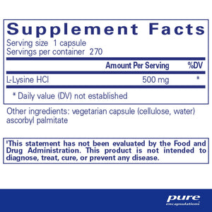 Pure Encapsulations, l-Lysine 270 — Supplement facts panel