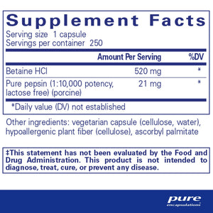 Pure Encapsulations, Betaine HCl Pepsin — Supplement facts panel