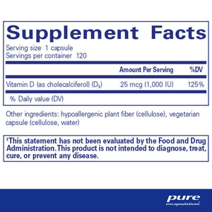 Pure Encapsulations, Vitamin D3 25 mcg (1,000 IU) 120 — Supplement facts panel