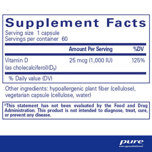 Pure Encapsulations, Vitamin D3 25 mcg (1,000 IU) 60 — Supplement facts panel