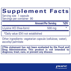 Pure Encapsulations, l-Lysine 90 — Supplement facts panel