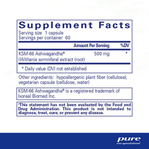 Pure Encapsulations, Ashwagandha 60 — Supplement facts panel