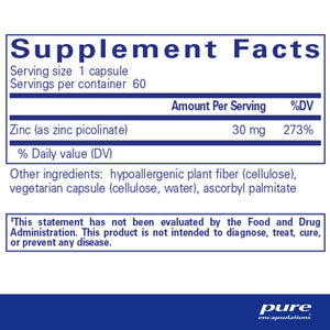 Pure Encapsulations, Zinc 30 60 — Supplement facts panel